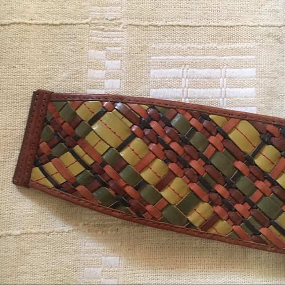 Woven leather earth tone stretch belt w/ snaps M - Picture 2 of 8